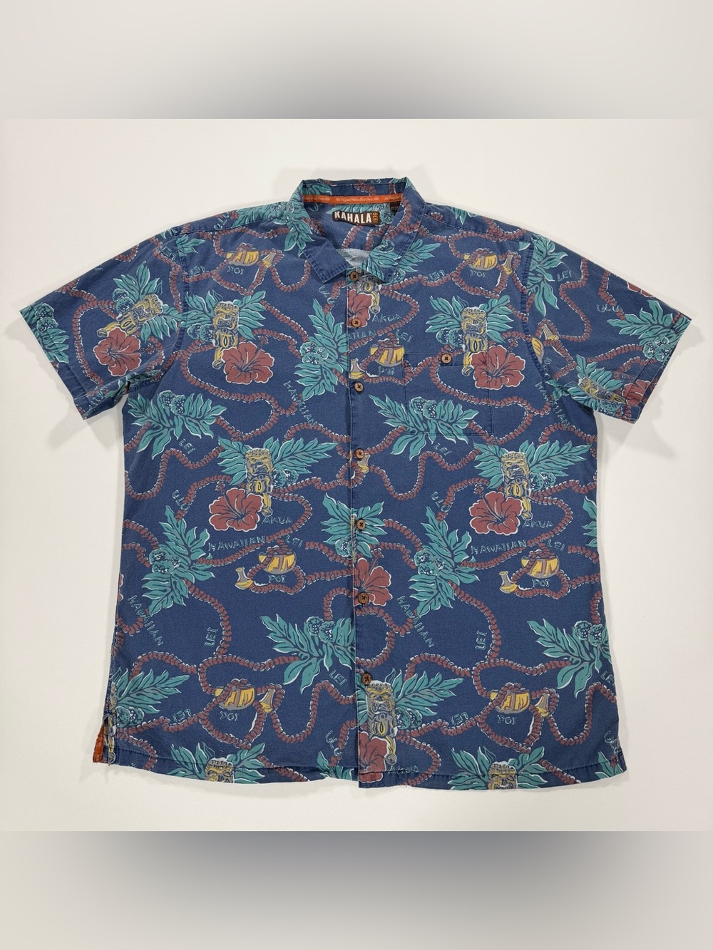 Kahala Mens XL Hawaiian Aloha Shirt Blue Tiki Akua Hibiscus Flower 100% Cotton